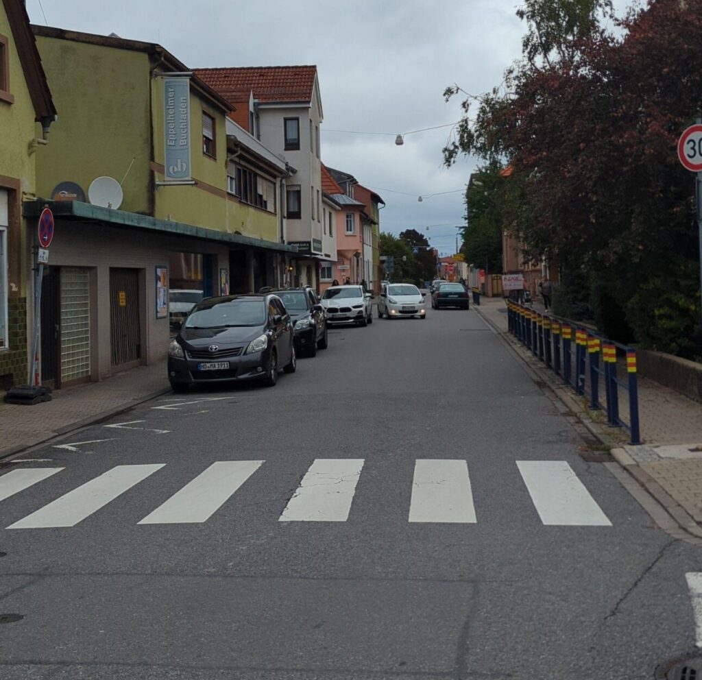 Eine asphaltierte Straße mit Häuserreihe daneben. Wenig Stadtgrün.